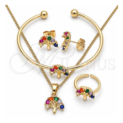 Oro Laminado Earring and Pendant Children Set, Gold Filled Style Tree Design, with Multicolor Cubic Zirconia, Polished, Golden Finish, 06.210.0023.1