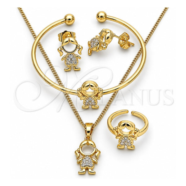 Oro Laminado Earring and Pendant Children Set, Gold Filled Style Little Girl Design, with White Micro Pave, Polished, Golden Finish, 06.210.0024