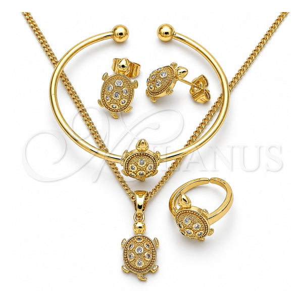 Oro Laminado Earring and Pendant Children Set, Gold Filled Style Turtle Design, with White Micro Pave, Polished, Golden Finish, 06.210.0025