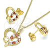 Oro Laminado Earring and Pendant Adult Set, Gold Filled Style Heart Design, with Garnet and White Cubic Zirconia, Polished, Golden Finish, 10.210.0156.1
