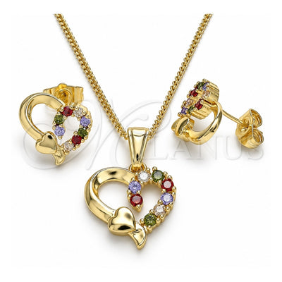 Oro Laminado Earring and Pendant Adult Set, Gold Filled Style Heart Design, with Multicolor Cubic Zirconia, Polished, Golden Finish, 10.210.0156.2