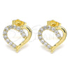 Oro Laminado Stud Earring, Gold Filled Style Heart Design, with White Cubic Zirconia, Polished, Golden Finish, 02.210.0440
