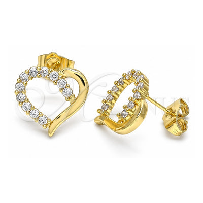 Oro Laminado Stud Earring, Gold Filled Style Heart Design, with White Cubic Zirconia, Polished, Golden Finish, 02.210.0440