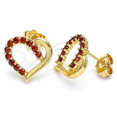 Oro Laminado Stud Earring, Gold Filled Style Heart Design, with Garnet Cubic Zirconia, Polished, Golden Finish, 02.210.0440.1