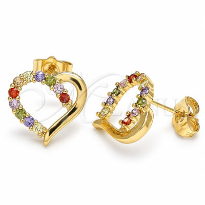 Oro Laminado Stud Earring, Gold Filled Style Heart Design, with Multicolor Cubic Zirconia, Polished, Golden Finish, 02.210.0440.2