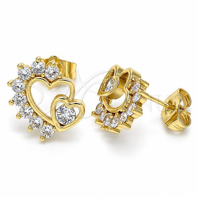 Oro Laminado Stud Earring, Gold Filled Style Heart Design, with White Cubic Zirconia, Polished, Golden Finish, 02.210.0441