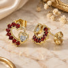 Oro Laminado Stud Earring, Gold Filled Style Heart Design, with Garnet and White Cubic Zirconia, Polished, Golden Finish, 02.210.0441.1