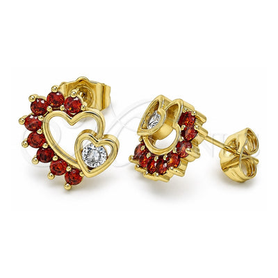 Oro Laminado Stud Earring, Gold Filled Style Heart Design, with Garnet and White Cubic Zirconia, Polished, Golden Finish, 02.210.0441.1