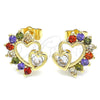 Oro Laminado Stud Earring, Gold Filled Style Heart Design, with Multicolor Cubic Zirconia, Polished, Golden Finish, 02.210.0441.2