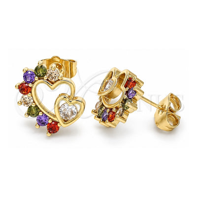 Oro Laminado Stud Earring, Gold Filled Style Heart Design, with Multicolor Cubic Zirconia, Polished, Golden Finish, 02.210.0441.2