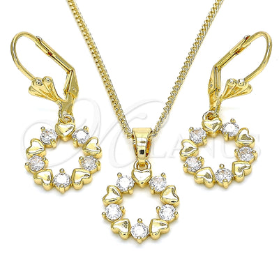 Oro Laminado Earring and Pendant Adult Set, Gold Filled Style Heart Design, with White Cubic Zirconia for wholesale, main product view