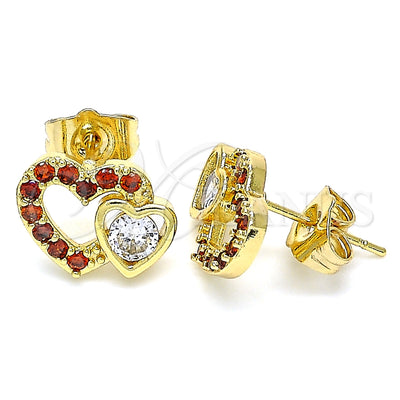 Oro Laminado Stud Earring, Gold Filled Style Heart Design, with Garnet and White Cubic Zirconia, Polished for wholesale, main product view