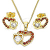 Oro Laminado Earring and Pendant Adult Set, Gold Filled Style Heart Design, with Garnet and White Cubic Zirconia, Polished, Golden Finish, 10.210.0159.1