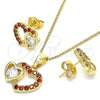 Oro Laminado Earring and Pendant Adult Set, Gold Filled Style Heart Design, with Garnet and White Cubic Zirconia, Polished, Golden Finish, 10.210.0159.1