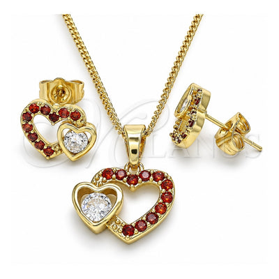Oro Laminado Earring and Pendant Adult Set, Gold Filled Style Heart Design, with Garnet and White Cubic Zirconia, Polished, Golden Finish, 10.210.0159.1