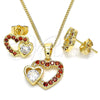 Oro Laminado Earring and Pendant Adult Set, Gold Filled Style Heart Design, with Garnet and White Cubic Zirconia, Polished, Golden Finish, 10.210.0159.1