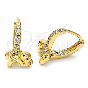 Gold Filled Hoop Earrings — Huggie Hoop Elephant Design with White and Ruby — main product view — SKU 136039 | Oro Laminado aretes de aro — Huggie Hoop Elephant diseño with blanco and Ruby — SKU 136039