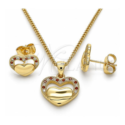 Oro Laminado Earring and Pendant Adult Set, Gold Filled Style Heart Design, with White Micro Pave, Polished, Golden Finish, 10.156.0279.1