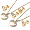 Oro Laminado Earring and Pendant Adult Set, Gold Filled Style Heart Design, with White Micro Pave, Polished, Golden Finish, 10.156.0279.1