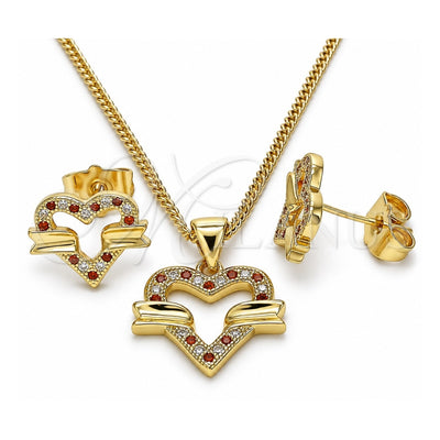 Oro Laminado Earring and Pendant Adult Set, Gold Filled Style Heart Design, with Garnet and White Micro Pave, Polished, Golden Finish, 10.156.0280.1