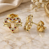 Oro Laminado Stud Earring, Gold Filled Style Heart Design, with Garnet and White Micro Pave, Polished, Golden Finish, 02.156.0278.2