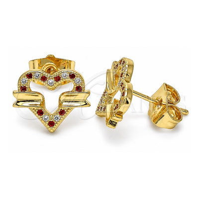 Oro Laminado Stud Earring, Gold Filled Style Heart Design, with Garnet and White Micro Pave, Polished, Golden Finish, 02.156.0278.2