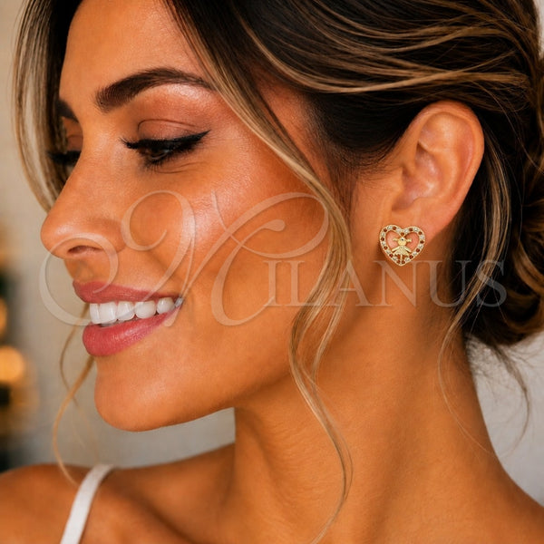 Oro Laminado Stud Earring, Gold Filled Style Heart and Little Girl Design, with Garnet and White Micro Pave, Polished, Golden Finish, 02.156.0331.1