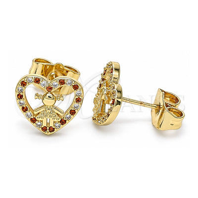 Oro Laminado Stud Earring, Gold Filled Style Heart and Little Girl Design, with Garnet and White Micro Pave, Polished, Golden Finish, 02.156.0331.1