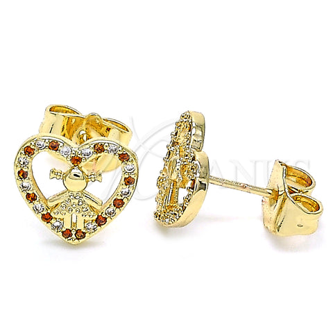 Oro Laminado Stud Earring, Gold Filled Style Heart and Little Girl Design, with Garnet and White Micro Pave, Polished, Golden Finish, 02.156.0331.1