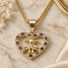 Oro Laminado Pendant Necklace, Gold Filled Style Heart and Little Girl Design, with Garnet and White Micro Pave, Polished, Golden Finish, 04.156.0342.1.20 (20 Inches Length)