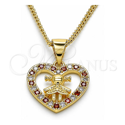 Oro Laminado Pendant Necklace, Gold Filled Style Heart and Little Girl Design, with Garnet and White Micro Pave, Polished, Golden Finish, 04.156.0342.1.20 (20 Inches Length)