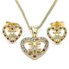 Oro Laminado Earring and Pendant Adult Set, Gold Filled Style Heart and Little Girl Design, with Garnet and White Micro Pave, Polished, Golden Finish, 10.156.0218.2