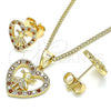 Oro Laminado Earring and Pendant Adult Set, Gold Filled Style Heart and Little Girl Design, with Garnet and White Micro Pave, Polished, Golden Finish, 10.156.0218.2