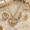 Oro Laminado Earring and Pendant Adult Set, Gold Filled Style Heart and Little Girl Design, with Garnet and White Micro Pave, Polished, Golden Finish, 10.156.0218.2