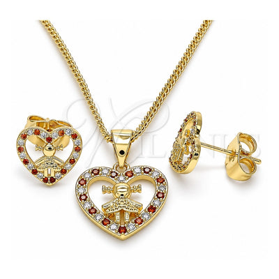Oro Laminado Earring and Pendant Adult Set, Gold Filled Style Heart and Little Girl Design, with Garnet and White Micro Pave, Polished, Golden Finish, 10.156.0218.2