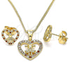 Oro Laminado Earring and Pendant Adult Set, Gold Filled Style Heart and Little Girl Design, with Garnet and White Micro Pave, Polished, Golden Finish, 10.156.0218.2