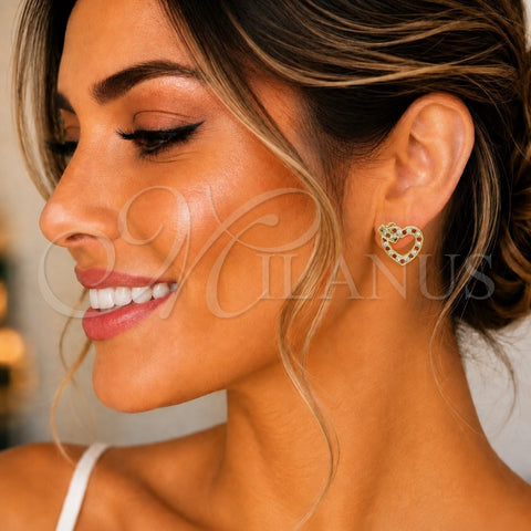 Oro Laminado Stud Earring, Gold Filled Style Heart Design, with Garnet and White Micro Pave, Polished, Golden Finish, 02.156.0388.1