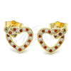 Oro Laminado Stud Earring, Gold Filled Style Heart Design, with Garnet and White Micro Pave, Polished, Golden Finish, 02.156.0388.1