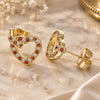 Oro Laminado Stud Earring, Gold Filled Style Heart Design, with Garnet and White Micro Pave, Polished, Golden Finish, 02.156.0388.1