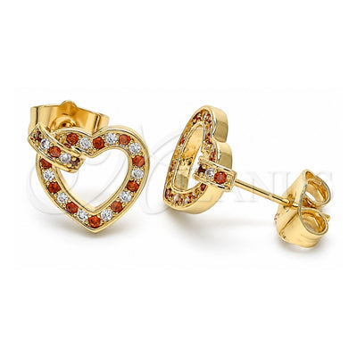Oro Laminado Stud Earring, Gold Filled Style Heart Design, with Garnet and White Micro Pave, Polished, Golden Finish, 02.156.0388.1