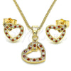 Oro Laminado Earring and Pendant Adult Set, Gold Filled Style Heart Design, with Garnet and White Micro Pave, Polished, Golden Finish, 10.156.0281.1