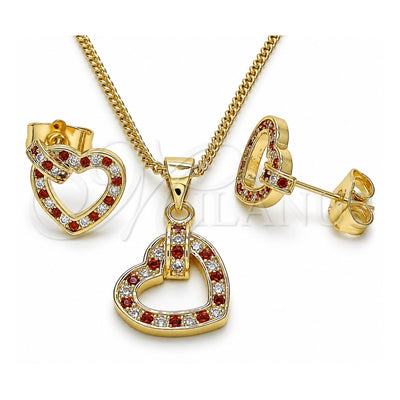 Oro Laminado Earring and Pendant Adult Set, Gold Filled Style Heart Design, with Garnet and White Micro Pave, Polished, Golden Finish, 10.156.0281.1