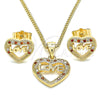 Oro Laminado Earring and Pendant Adult Set, Gold Filled Style Heart and Love Design, with Garnet and White Micro Pave, Polished, Golden Finish, 10.156.0282.1