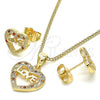 Oro Laminado Earring and Pendant Adult Set, Gold Filled Style Heart and Love Design, with Garnet and White Micro Pave, Polished, Golden Finish, 10.156.0282.1
