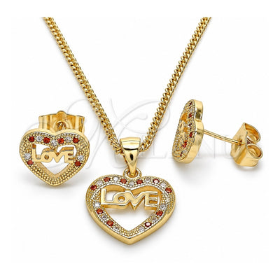 Oro Laminado Earring and Pendant Adult Set, Gold Filled Style Heart and Love Design, with Garnet and White Micro Pave, Polished, Golden Finish, 10.156.0282.1