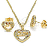 Oro Laminado Earring and Pendant Adult Set, Gold Filled Style Heart and Love Design, with Garnet and White Micro Pave, Polished, Golden Finish, 10.156.0282.1