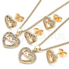 Oro Laminado Earring and Pendant Adult Set, Gold Filled Style Heart and Love Design, with Garnet and White Micro Pave, Polished, Golden Finish, 10.156.0282.1