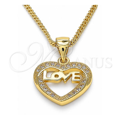 Oro Laminado Pendant Necklace, Gold Filled Style Heart and Love Design, with White Micro Pave, Polished, Golden Finish, 04.156.0345.20 (20 Inches Length)
