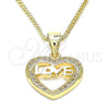 Oro Laminado Pendant Necklace, Gold Filled Style Heart and Love Design, with White Micro Pave, Polished, Golden Finish, 04.156.0345.20 (20 Inches Length)