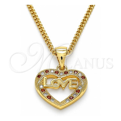 Oro Laminado Pendant Necklace, Gold Filled Style Heart and Love Design, with Garnet and White Micro Pave, Polished, Golden Finish, 04.156.0345.1.20 (20 Inches Length)